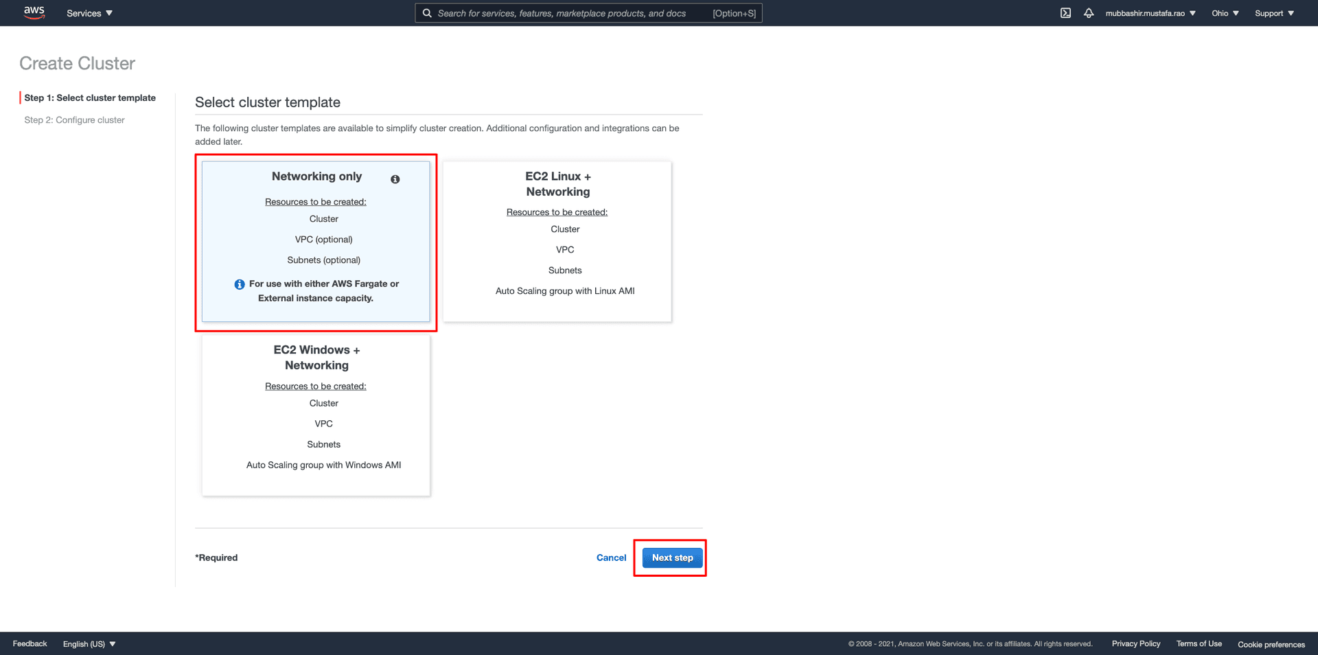 AWS Cluster creation template