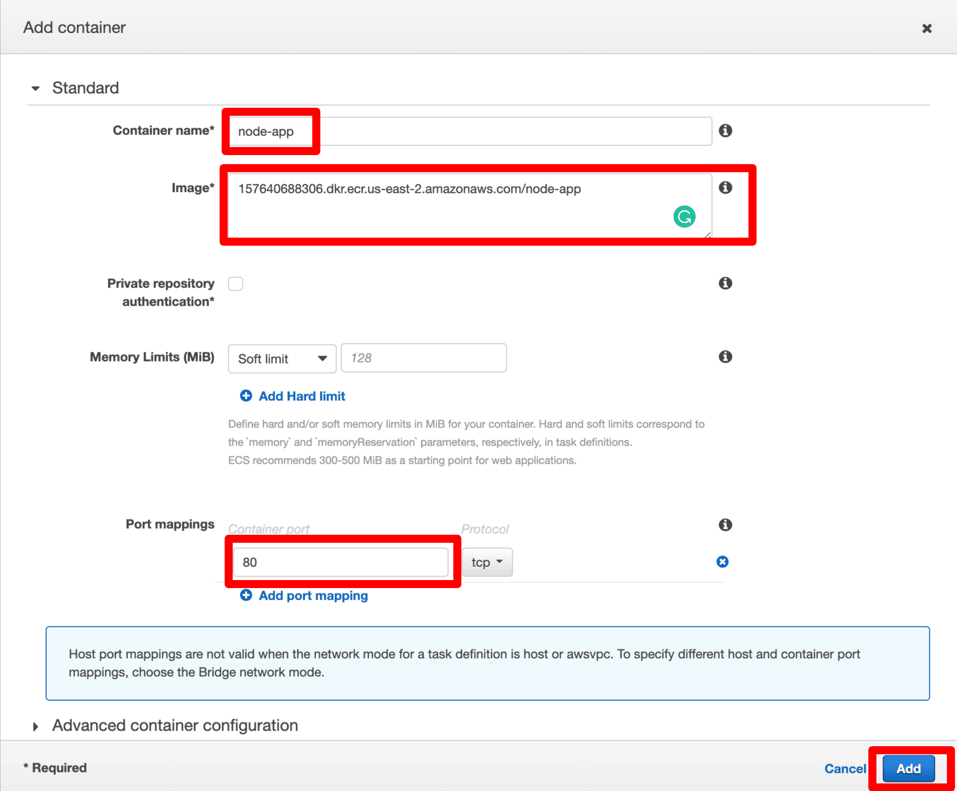 Add container to AWS ECS