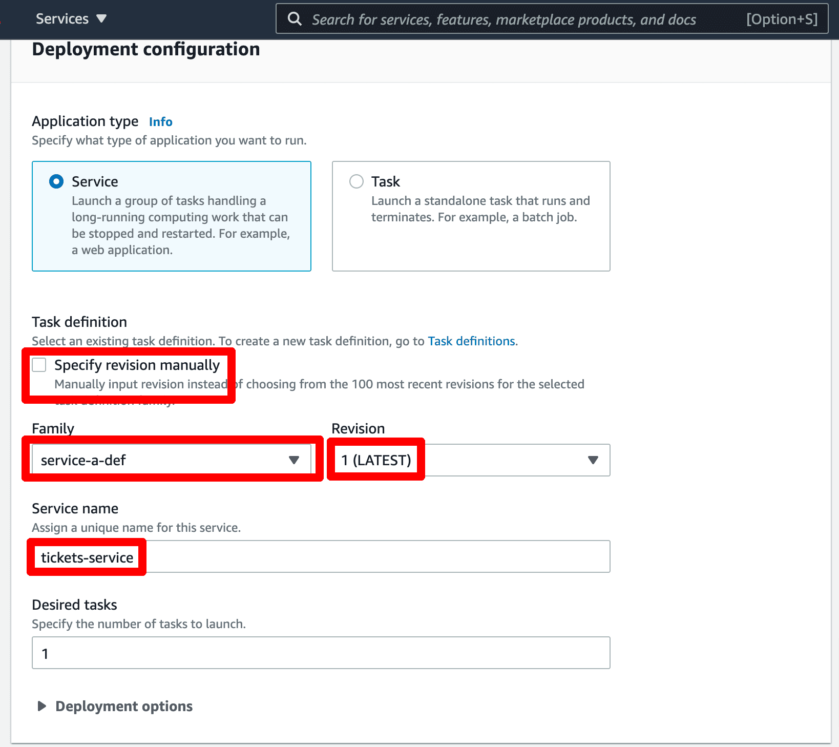 Service deployment configuration AWS ECS