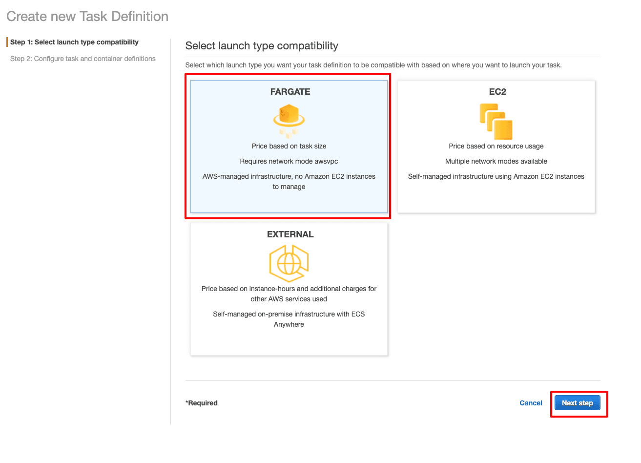 Create Fargate type Task Definition in AWS ECS