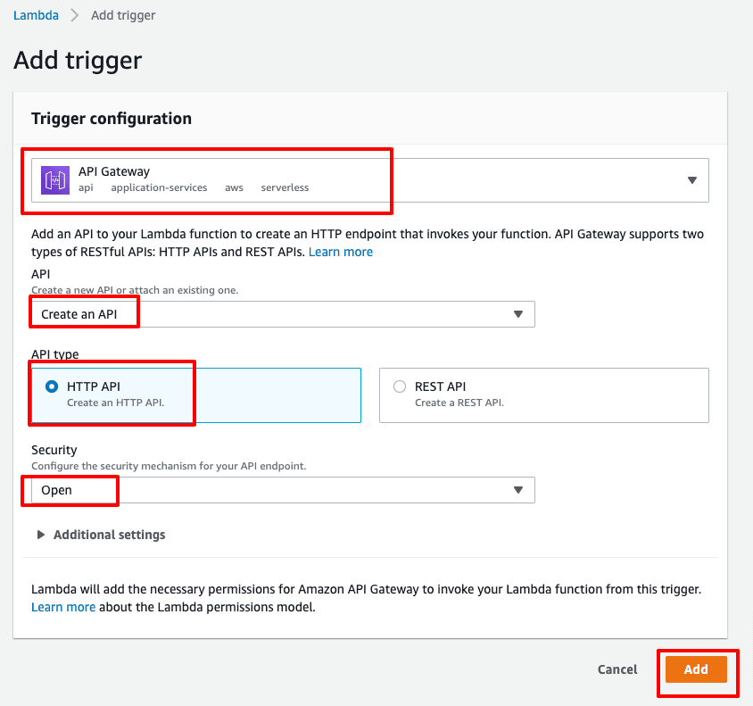 Add API Gateway trigger to AWS Lambda function